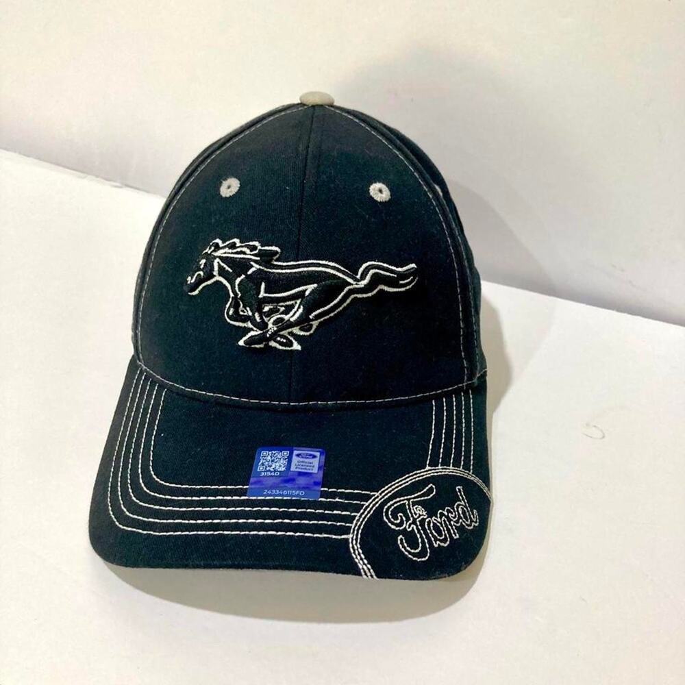 Ford Mustang Black Embroidered Baseball Cap Hat Checkered Flag Sports 100